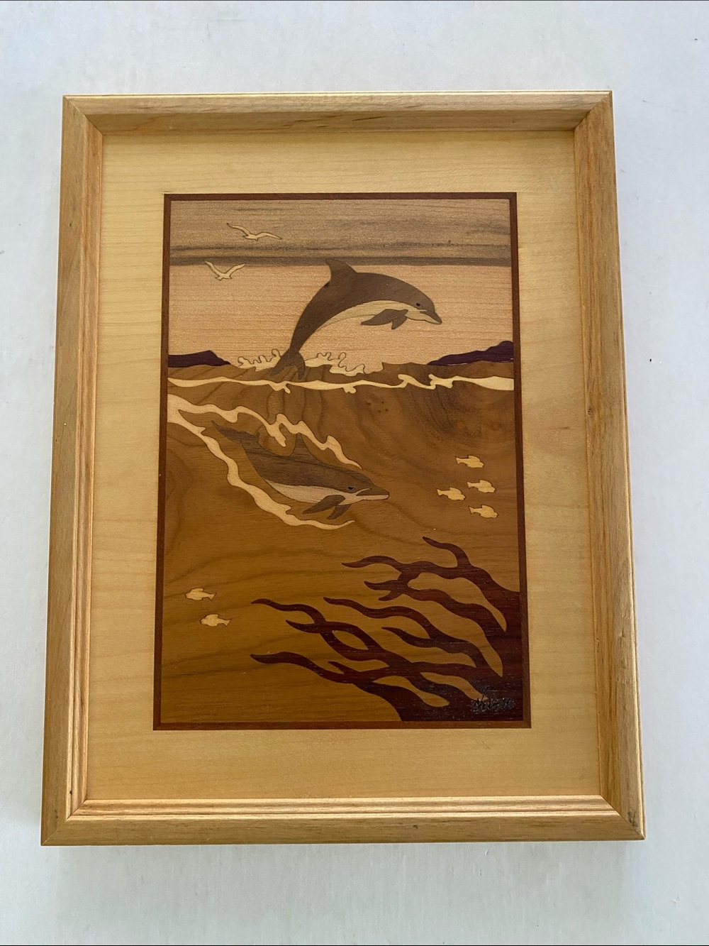 Vintage Hudson River Inlay Wood Marquetry Art “Dolphins” Framed Plaque Signed